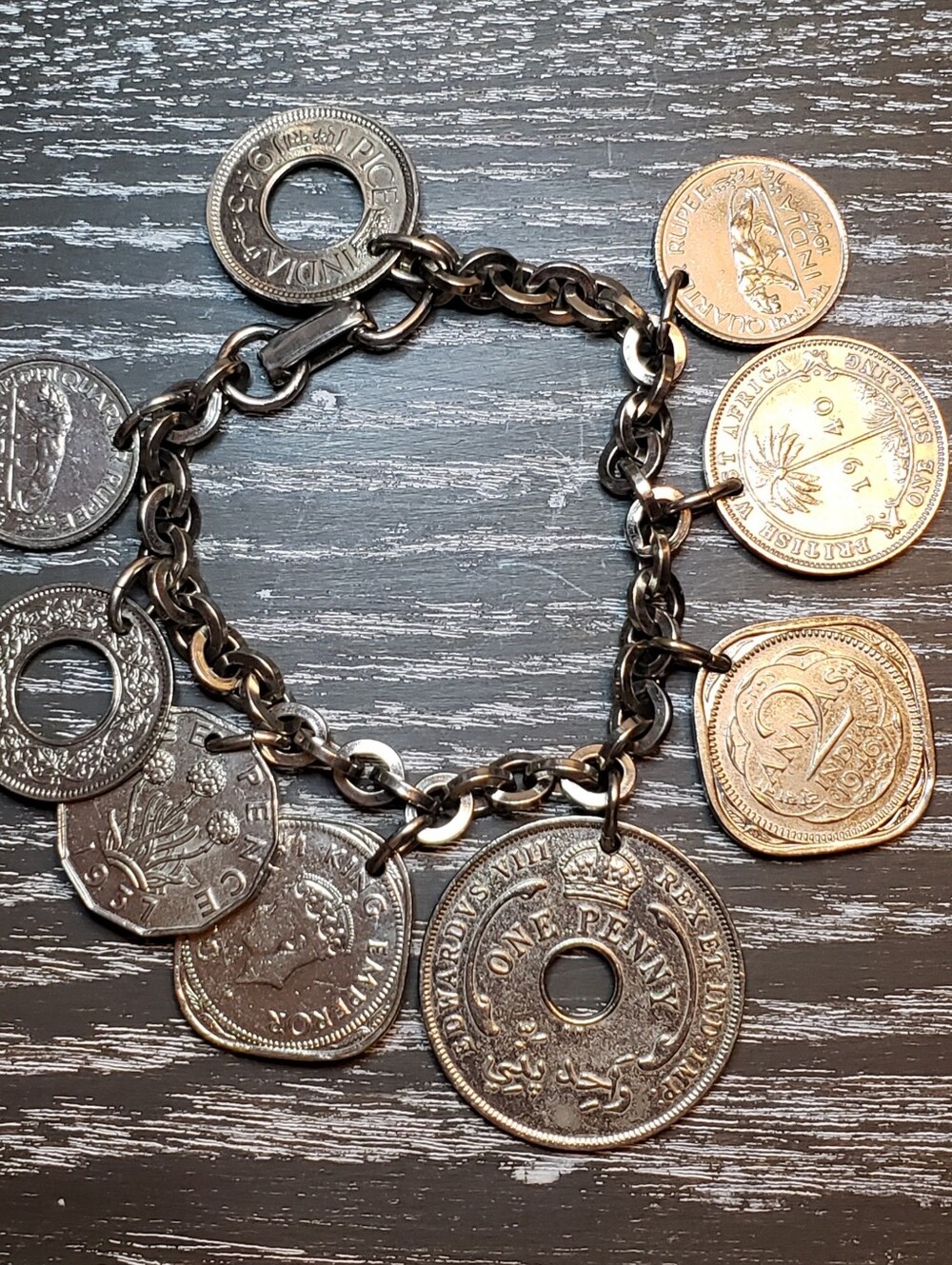 Vintage Silvertone Foreign Coin Charm Bracelet